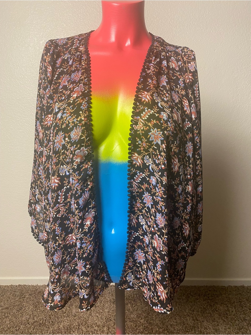 Forever 21 Black Floral Pom-Trim Kimono